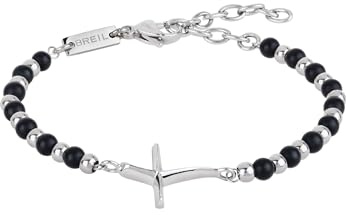 Breil, Collezione Code, Bracciale Uomo, Bracciale Rosario Uomo in Acciaio, con Pietre Naturali di Onice, con Iconica Croce Breil e Pratica Chiusura a Moschettone, Misura 17 cm, Nero e Argento