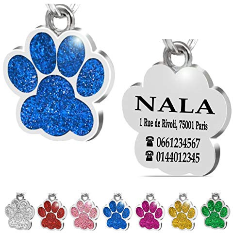 Ibera Gifts - Médaille Chien avec Gravure en Forme de Patte pour Animaux de Petite et Moyenne Taille, Idéal pour Chat, Couleur Bleu