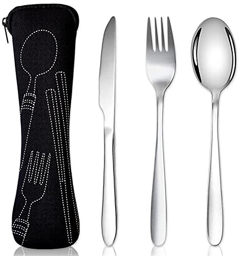 Acehome Cutlery Set with Portable Pouch Case, Stainless Steel Flatware Camping Utensil Set with Neoprene Bag for Outdoor Travel Picnic Office School Lunch Box (3 Pcs Black)