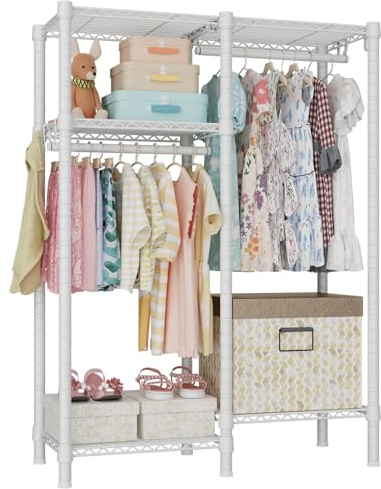 Ulif F1 Garment Rack for Kids, Baby, Students, and Children's Room, 4 Tiers Freestanding and Portable Heavy Duty Closets, Small Metal Clothes Rack with 2 Hanging Rod, 31.2 W x 11.8 D x 48 H, White