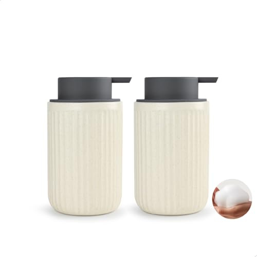 ABBI NIMO Dispensador de Espuma de jabón de Manos de cerámica, Color Beige, Paquete de 2, Botella dispensadora de Espuma Ondulada moteada, dispensador de Espuma de jabón de 12 onzas con Bomba Gris