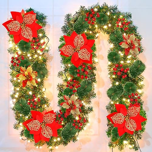 Ykgutilu Christmas Garland with LED Lights,Christmas Rattan Artificial Vine for Xmas Festival Tree,Christmas Decorations Artificial Indoor for Stairs, Fireplace, Door, Xmas Trees, Garden,Gift
