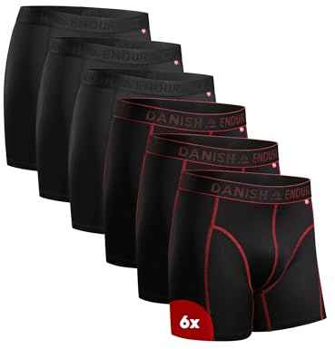 DANISH ENDURANCE Sports Boxers for Men, Dry Fit, Anti Chafing Mens Boxer Shorts Multipack, with Regular or Long Leg, 6 Pack, Multicolor (3x Black, 3x Black/Red Seams) XXXL