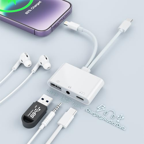USBC Lightning to USB Camera Adapter with Charging Port [MFi Certified] USBC to USB OTG Adapter with USB3.0+Type C Charging+3.5mm Headphone for iPhone 15/iPhone/iPad to Flash Drive Reader/Keyboard