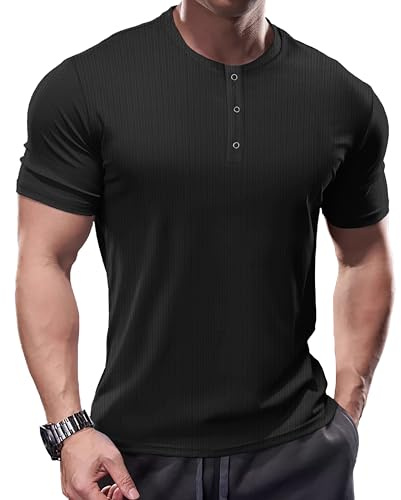Muhshoiy Herr Muskelskjortor Kortärmad Henley Tröja Smal Passform Ribbad Skjorta för Män Vslappnad Sport Shirt Svart XL
