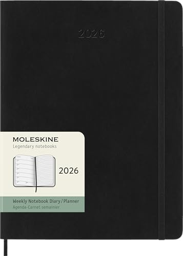 Moleskine Agenda Hebdomadaire, Agenda Hebdomadaire 2026 12 Mois Avec Espace Pour Notes, Avec Couverture Souple et Fermeture Élastique, Format XL 19x25, Couleur Noire
