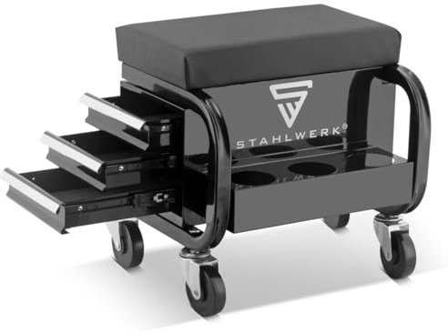 STAHLWERK Werkstatthocker MWH-3 ST mit 120 kg Tragkraft Werkstattsitz | Werkstattstuhl | Rollhocker | Arbeitshocker | Werkstattrollsitz mit Schubladen, Leichtlauf-Lenkrollen und Dosenhalter