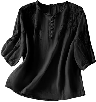 Boho Embroidered Tops for Women UK Casual Cotton Linen Blouses Summer Short Sleeve Bohemian Shirts Clothing Ladies Solid Color Elegant Comfy Casual Work Tops Vintage Ladies Blouses