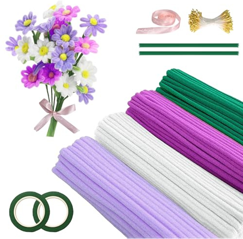 YYAQZD 400 Stück Pfeifenreiniger Blumen Set, 30CM Pfeifenputzer zum Basteln, Blumenstrauß DIY Bastelset mit Blumendraht, Schleifenband（Lila）