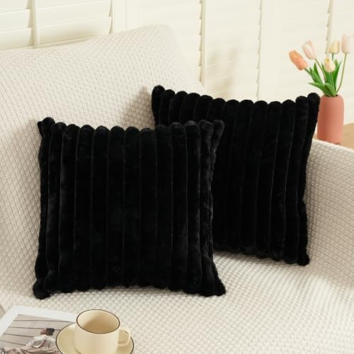 EASE LEAP Black Cushion Covers 45 x 45 Fluffy Faux Fur Set of 2 Throw Pillow Covers Soft Plush Pillowcases for Sofa Bed Modern Style Home Decor Fluffy Striped Cushion Cover 18x18 Inches