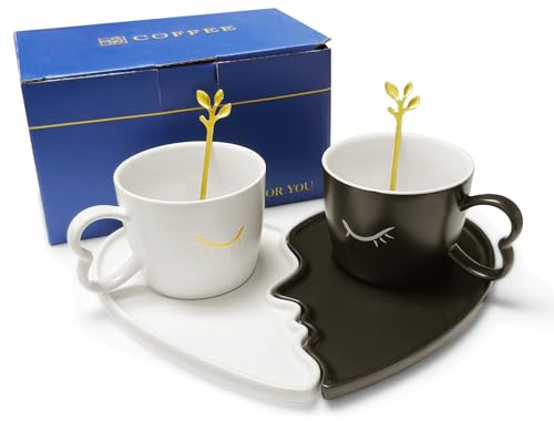 Tazze per Partner, Tazze Bacio in Ceramica per Coppia - Set di 2 Tazzine Caffè da 200ml per Lui e Lei con Piattino, Idee Regalo San Valentino, Anniversario di Matrimonio, Compleanno e Nozze