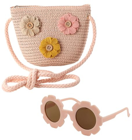 AWAVM Girls Crossbody Bag Set - Cute Toddler Handbag With Flower Sunglasses, Adjustable Braided Purse For Childen(Pink/Beige, 12x14cm)