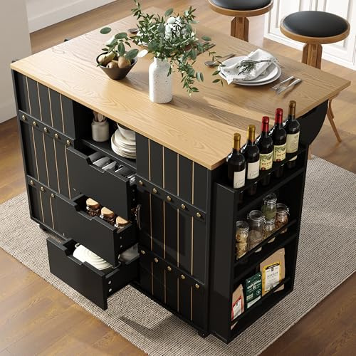 Eleganz Armario de cocina 110 cm con puertas correderas - Plegable 42-70 cm - 3 cajones - Estante para especias y toallero - 4 ruedas - Negro - Ahorro de espacio - Fácil instalación
