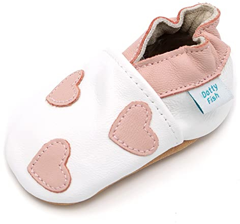 Dotty Fish Soft Leather Baby Shoes Toddler Shoes with Pink Hearts Design for Girls, 6-12 Months, White Pink Hearts