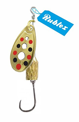 Rublex - Pack de 5 Cucharillas de Pesca C-Turbo-2 OPRN | Cebo Artificial de Pesca con Anzuelo Simple sin Muerte, Sistema de Clip y Acción de Giro Mejorado, Oro Puntos Rojos Negros, 3'5gr