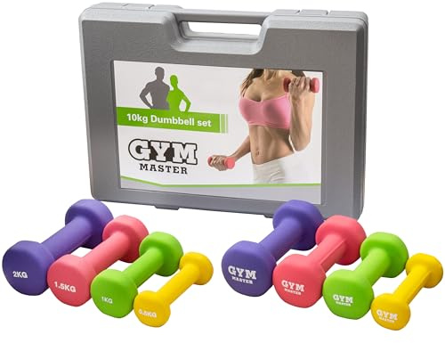 GYM MASTER 10kg Dumbbell Multi Colour Neoprene Soft Touch Hand Weight Set with Carry Case - 0.5kg 1kg 1.5kg 2kg