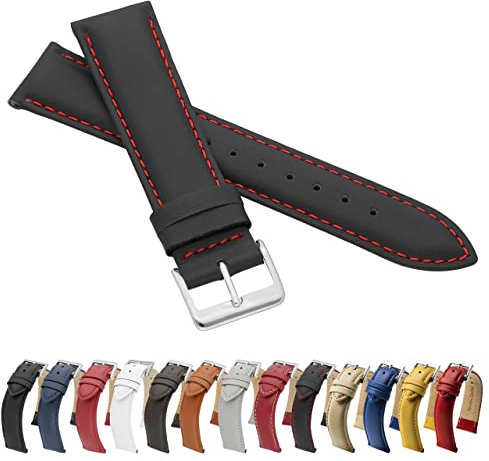 MARCHEL Glattleder LLB15 20 mm Schwarz-Rot Lederarmband Echtleder Uhrenarmband Rindsleder Feines Leder Uhr Band