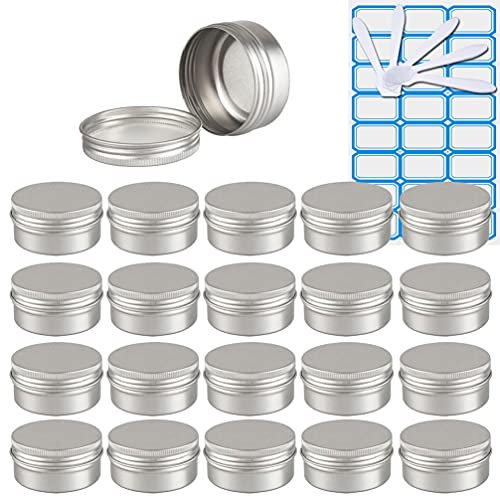 ZEOABSY 20 Pièces 50ml Pots en Aluminium Vide Rond Argent Petit Cosmétiques Pot Conteneurs for Fait Main Bougies Crème Baume Voyage, 5X Spatule, 1x Étiquettes