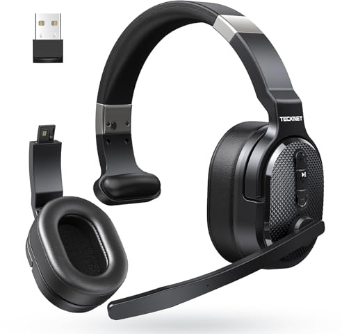 TECKNET Bluetooth Trucker Headset, Single and Dual Ear Wireless Headset with Mic for Work Noise Cancelling, 50Hrs 3 EQ Music Modes Trucker Bluetooth Headphones for PC, Drivers, Office, Call Center