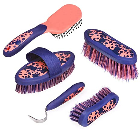 Cottage Craft Horse Grooming Kit 5 Pieces Equestrian Brushes Set Dandy Face Tail Body Brush Hoof Pick Collection | Navy Blue