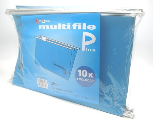 Pro Rexel Foolscap Multifile Plus Suspension Files Complete with Tabs & Inserts for Filing Cabinets, 15mm V-Base, 10 Pack Blue, 3000010, Hanging & Filing for Office Work & School