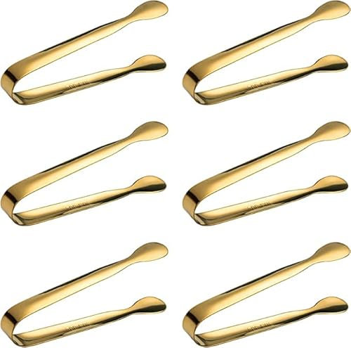INHEMING 6 Piezas Mini Pinzas para Azúcar,Pinzas para Hielo de Acero Inoxidable,Pinzas para Aperitivos,Pequeñas Pinzas para Servir,Pinzas para Cocina, Banquete, Bodas, Bar(Golden)