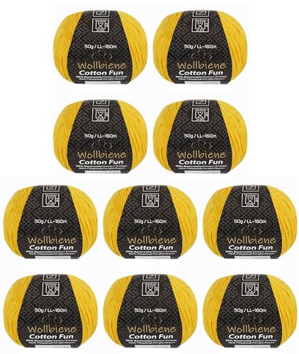 Wollbiene Cotton Fun Strickwolle 55% Baumwolle - Vielfältige Farbauswahl, Garn, Amigurumi Jeans 10x50g (08 gelb)
