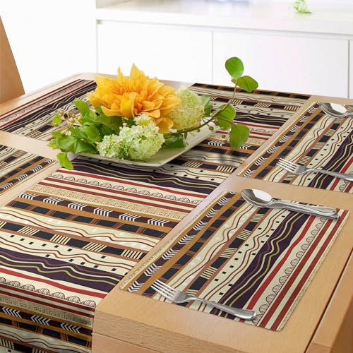 ABAKUHAUS Ethnisch Tischläufer & 4 Stück Tischsets, Afrikanische Abstrakte Streifen Geometrisch Inspirierte Motiven Horizontale Muster, Tischdeko-Set, 180 x 40 cm, Beige Braun