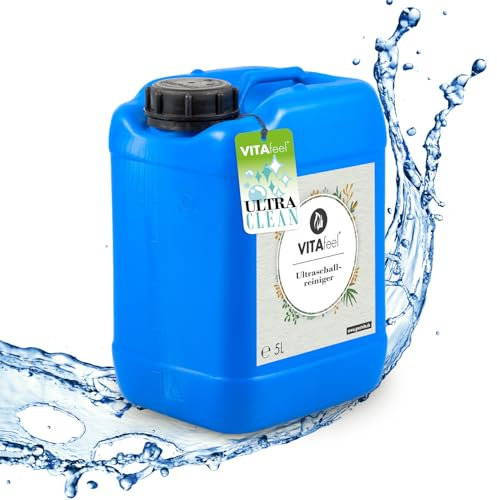 VitaFeel Nettoyeur à ultrasons concentré 5 l – Nettoyage très efficace pour bijoux, lunettes, prothèses dentaires et pièces de monnaie | Nettoyant spécial pour appareils à ultrasons et bain à