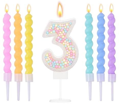 Ovaletta Macaron Geburtstagskerzen Zahlen 3 - Bunte Kerzen für Torte, Geburtstag (6 Stücke)