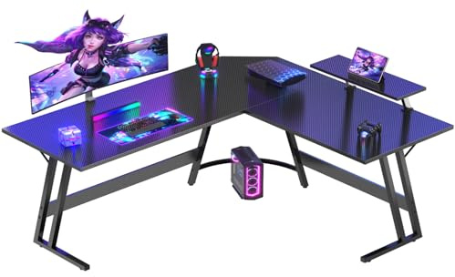 Devoko L Shaped Gaming Desk 150x130x75cm With Removable Monitor Stand, Corner Computer Desk Large PC Writing Table for Home and Office,Easy to Assemble, Carbon Fibre Black