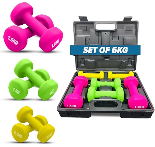 ND Sports Weights Dumbbells Set – Neoprene-Coated Hand Weight Lifting with Anti-Roll Design | Dumbbells Set for Women, Men & Home Gym | Non-Slip Grip, Vinyl Multi-Colour Pairs with Carry Case