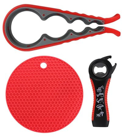 5 in 1 Multi-Function jar and Bottle Opener with Silicone jar Clip, Easy Grip Design for People with weak Hands, Seniors, Arthritis Patients, Great for Seniors and Children. (Red and Gray)