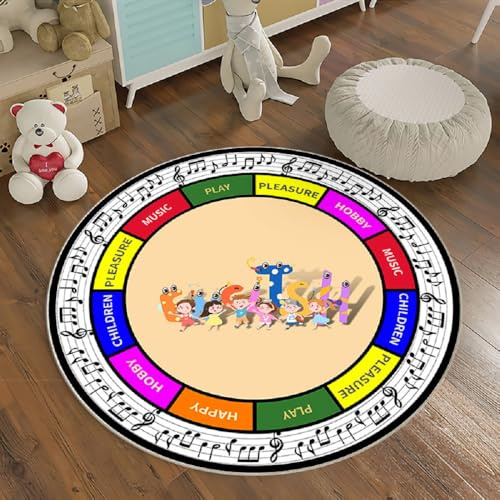 Alfombras Redonda Alfombra Habitación Lavable Antideslizante Muy Suave para Salón o Dormitorio Cama Infantil Lavable Bebe Niña Niño Alfombra De Juego Negro Blanco Música (Multicolor 2, 120x120cm)