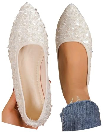 Ballerines plates brillantes et pointues pour femme - Chaussures pour invités de mariage - Pour le bureau et la soirée - Respirantes, blanc, 36.5 EU
