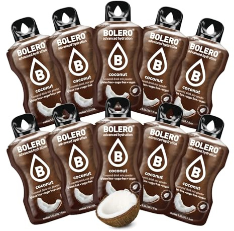 BOLERO Coco - 10 sticks de poudre aromatisante pour boisson sans sucre | Arôme coco - 1 stick de 9 g pour 4 litres d'eau aromatisée - Édulcoré à la stevia - Sans conservateur ni colorant artificiel