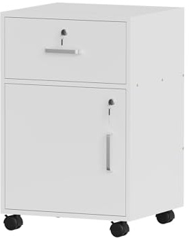 NICEME Mobile File Cabinet with Drawer Under Desk Storage Unit with Lock,Office Drawer Pedestal, Assembly Required (1 Drawer, 1 Door, White)