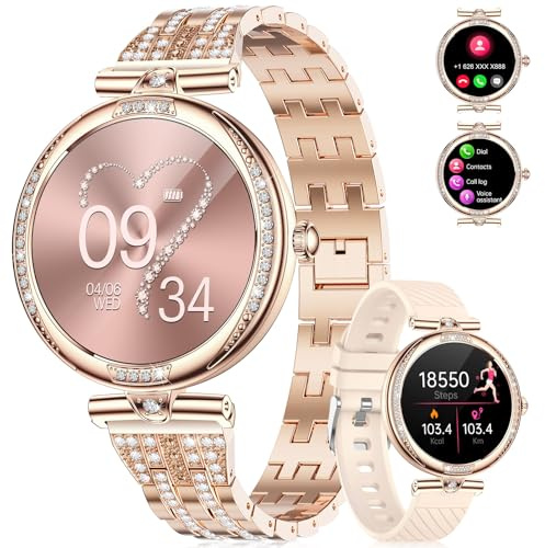 LIGE Montre connectée Femme Appels Bluetooth pour Android iOS 1,19 AMOLED Or rose Acier inoxydable Diamant Smartwatch Petite,Fréquence cardiaque,Moniteur de sommeil,Podomètre,Calories,100+ Mode Sport