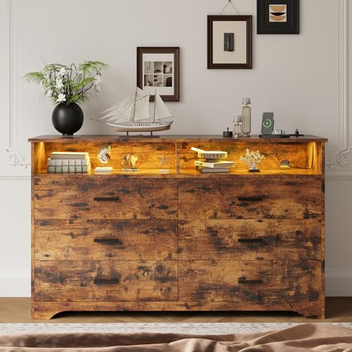 IRONCK Kommode Vintage Braun mit 6 Schubladen, Komodenschrank mit LED-Streifen und 2 Steckdosen, USB+Typ-C-Anschlusse, Schubladenschrank für Schlafzimmer, Wohnzimmer, Arbeitszimmer Flur, 150cm Breite