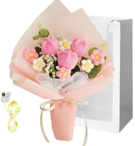 Ramo de flores de ganchillo hecho a mano, flores artificiales, tulipanes, girasoles para el día de la madre, día de San Valentín, regalo de cumpleaños para mujeres, madre, abuela, decoración duradera