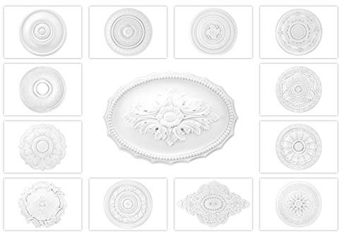 GRAND DECOR Stuckrosette aus PU hartschaum - Deckenrosette weiß, Zierelement, Stuck (R128, Ø 295mm) Wanddekoobjekt Innendekoration Dekor Klein rund