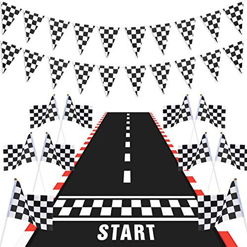 Tatuo 12pcs Race Car Party Decorations 6.6 x 2 ft Long Racetrack Floor Running Mat Table Cloths 6.6ft Checkered Pennant Banner 10 Checked Flags with Stick for Birthday Race Car Party Supplies