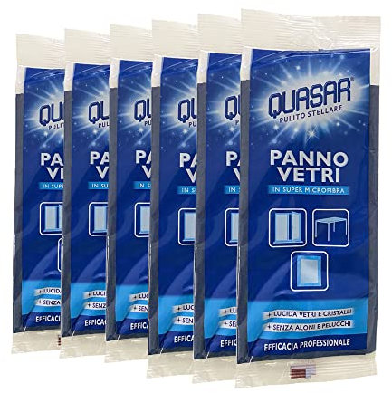 Quasar - Panno Vetri in Super Microfibra - Lucida Vetri e Cristalli e Senza Aloni e Pelucchi - Confezione da 6 Panni