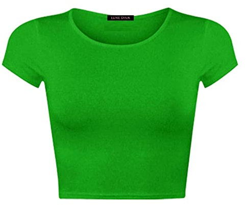 LUXE DIVA Women Cap Short Sleeve Crop Top Round Neck Plain/Printed T-Shirt Stretchy Summer Cropped Vest Tops Size 8-14 Jade Green