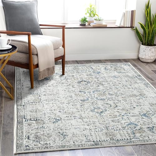 TOPICK Teppich Kurzflor 150x210cm Blau Chenille Vintage Faltbar Suppedünner Waschbar Retro Teppiche Blumen Boho rutschfeste für Innenbereich Küche Wohnzimmer Schlafzimmer Kinderzimmer