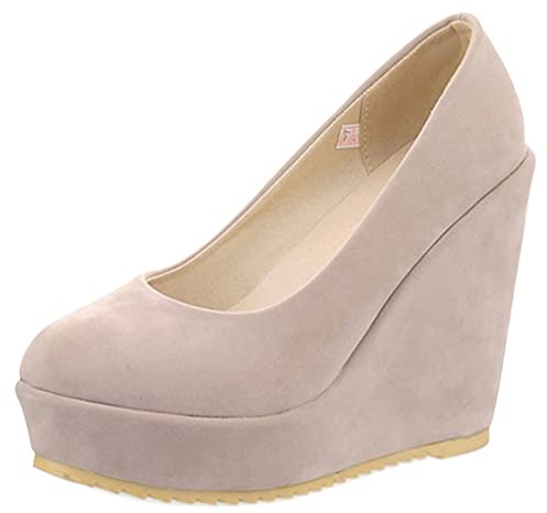 Donna Décolleté con Zeppa Punta Rotonda Pompe Elegantii Senza Chiusura Scarpe da Festa con Tacco Alto con Plateau, 8151Bpe Beige Numero 38 EU