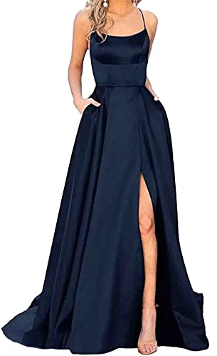 xxxiticat Damen Elegant Lange Ballkleider mit Taschen Satin A-Linie Backless Hochzeitskleid Abendkleider Sexy Neckholder Spaghetti Brautkleid Kleider Lang Prinzessin Brautjungfer Kleid (ZQ-XS)