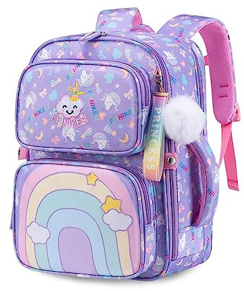 FANDARE Carino Zaino per bambini Zaini Cartelle Zaino Scuola Elementare Zaino Casual Ragazze Ragazzi Zainetto per Studenti Primarie Viaggiare con Striscia Riflettente con ciondolo in peluche Viola