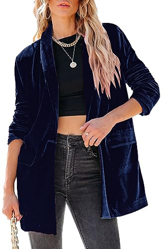 Happy Sailed Women Velvet Blazer Jackets Casual Long Sleeve Lapel Collar Pocketed Blazer Suits Work Outfits Blue Small