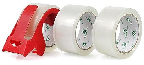 BOMEI PACK 3 Rolls No Bubble Clear Secure Sticky Box Tape with 1 Dispenser,Heavy Duty Sealing Tape for Moving boxes Packing,48mic x 48mm x 66m